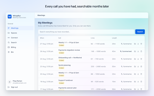 Whispifys — AI transcripts for Microsoft Teams :: Turns Microsoft Teams calls into searchable transcripts by reading the call's own live captions. No bot joins your meeting.