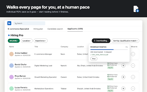 Resume Downloader for LinkedIn Hiring :: Download all applicant resumes from a LinkedIn job post in one click — as PDFs or a ZIP with a CSV index. Bulk resume export.