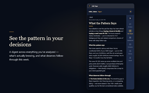Faya: AI Financial Analyst for Any Page :: Free AI financial analyst in your sidebar: car listings, job offers, leases, medical bills, contracts, big buys.