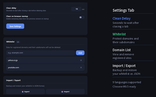TabCookieCleaner :: タブを閉じたときに不要なCookieやキャッシュを自動削除します。ホワイトリストに登録したサイトは保護されます。