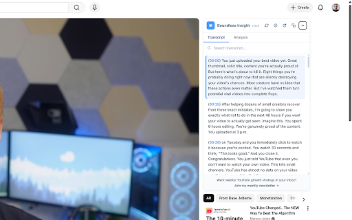 Boundless Insight :: YouTube analysis panel with transcripts, clickable timestamps, video sync, and AI analysis.