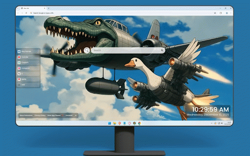 Bombardino Crocodilo Live Wallpaper :: Whimsical crocodile bomber plane with goose hybrid engines flying through blue cloudy sky.