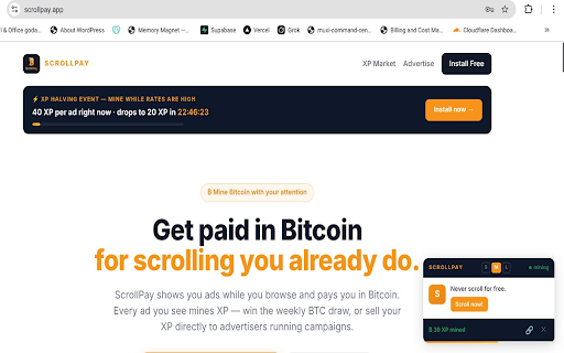 ScrollPay — Earn XP While You Browse :: Mine XP from ads you browse. Win random BTC drops, sell XP for Bitcoin, earn referral bonuses. Never reads your page content.