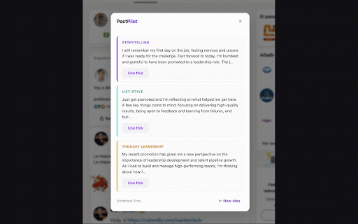 PostPilot — AI LinkedIn Post Writer :: Write engaging LinkedIn posts in seconds. Describe your idea, get 3 polished drafts. One click to post.