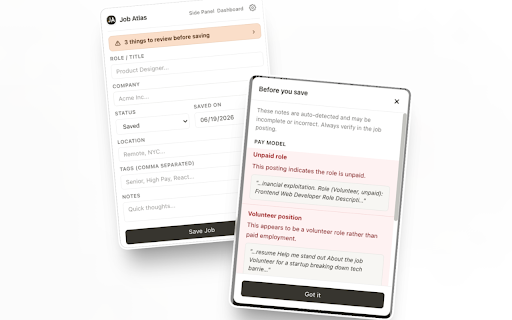 Job Atlas :: Capture jobs in one click, review posting red flags, and track applications in a local kanban pipeline. No account required.