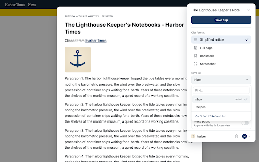 Harbor Web Clipper :: Save articles, full pages, bookmarks, and screenshots from any website straight into Harbor.