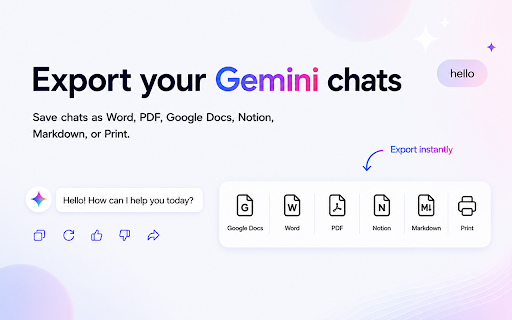 Chat Exporter for Gemini — Word, PDF, Google Docs, Notion, Markdown & Print :: Save Gemini chats as Word, PDF, Google Docs, Notion, Markdown or Print in one click. Export full conversations or selected messages.