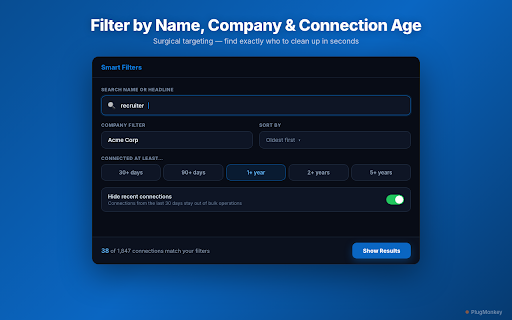 Connection Remover Pro for LinkedIn - Bulk Remove & Unfollow :: Clean up your LinkedIn network. Bulk remove connections, mass unfollow to declutter your feed. Filter by title, company, date.