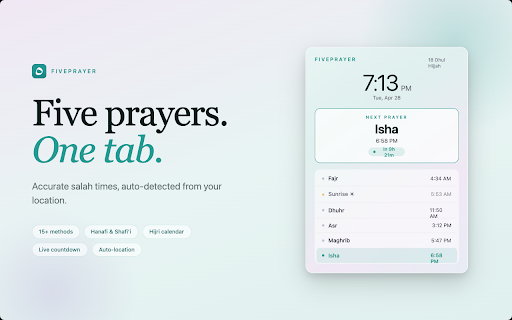FivePrayer - Prayer Times & Web Blocker :: Never miss a prayer. Accurate prayer times, block distracting websites during salah, and build streaks.