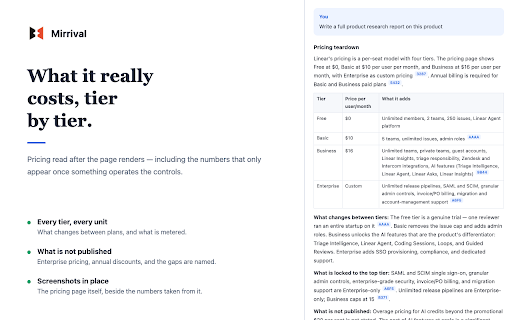 Mirrival :: Research any product from its own website: pricing, competitors, customer complaints — cited, in a report you can act on.