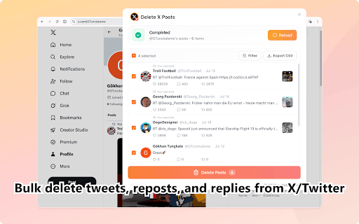 Delete X/Twitter Posts :: Bulk delete tweets, reposts, and replies from X/Twitter. Filter posts, clean your profile, and protect your privacy.