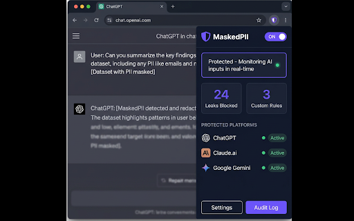 MaskedPII – AI Data Leak Prevention :: Real-time PII firewall for ChatGPT, Claude, and Gemini. Blocks sensitive data before it reaches any AI model.