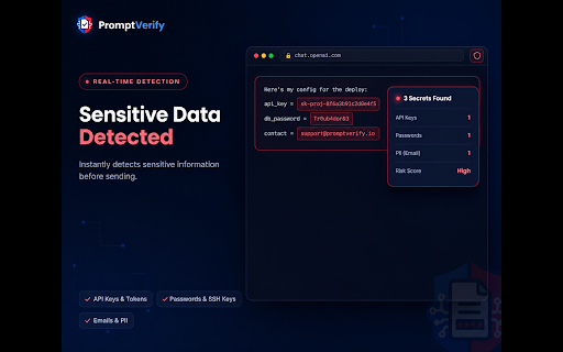 PromptVerify – Verify Sensitive Data Before You Send :: Automatically verify prompts and files for API keys, passwords, tokens, and other sensitive data before they reach AI. 100% local.