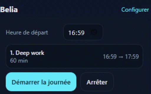 Belia — Daily Focus Planner :: Planifie ta journée en blocs simples, avec minuteur et notifications.