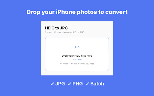 HEIC to JPG / HEIC to PNG — Converter :: Convert HEIC and HEIF photos to JPG or PNG. Drop files, batch convert, download. Free, 100% local, no upload to servers.
