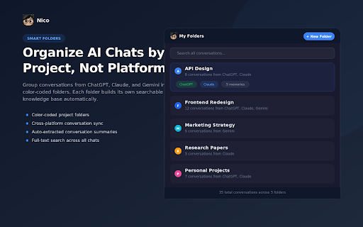 Nico — AI Memory & Prompt Enhancement :: Chat folders and context across major AI platforms (ChatGPT, Claude, Gemini, DeepSeek, Perplexity) and one-click prompt enhancement.