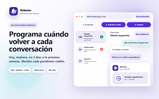 Retomo – Seguimiento de clientes en WhatsApp Web :: Seguimiento de clientes en WhatsApp Web: recordatorios, notas, etiquetas y plantillas para que no se te caiga ningún pendiente.