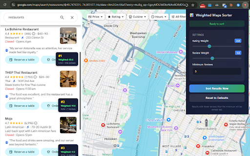 Google Maps Weighted Sorter :: Weighted sorting for Google Maps : ranks results using a weighted algorithm combining ratings and review counts