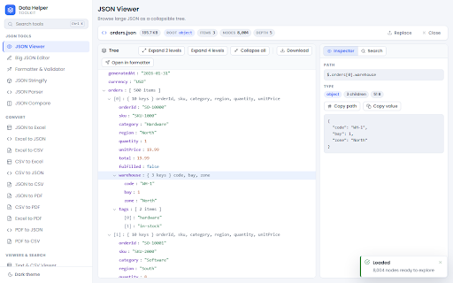 Data Helper Toolkit :: JSON, CSV, Excel and PDF tools: view, edit, format, compare, convert, escape and search — all offline in your browser.