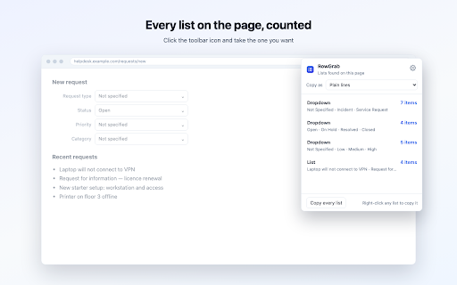 RowGrab — Copy Any List or Dropdown :: Right-click any list, dropdown or table: copy one column, two columns as a pair, or the whole table. Free and fully offline.