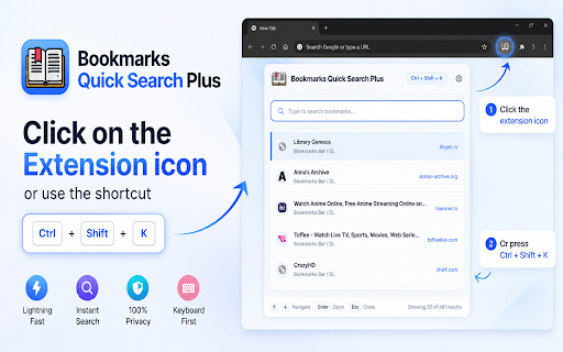 Bookmarks Quick Search Plus :: Instantly search, navigate, and open your bookmarks with a sleek, fast interface.