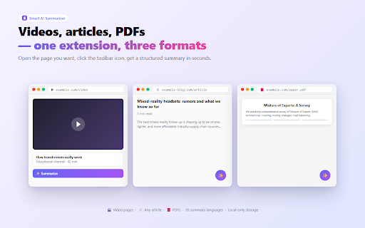 Smart AI Summarizer :: Fast AI summaries for videos, articles, and PDF documents. Works with popular AI models. Chat with the summarized content.