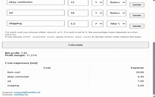 Profit Calculator PRO :: Calculate net profit, margin, and detailed cost breakdowns from brutto sales with saved profiles.