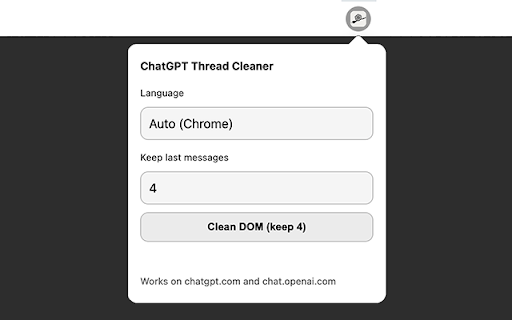 ChatGPT Thread Cleaner :: Lightens long ChatGPT threads: removes old messages from the DOM, keeping the last N (default 4).