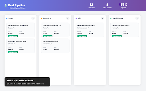 Deal Analyzer - M&A Intelligence :: Instantly analyze business deals, calculate SBA financing, and save opportunities to your pipeline