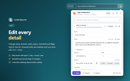 Cookie Exporter :: View, edit, import and export cookies for the current site. Supports JSON, Netscape (cookies.txt) and Cookie header formats.