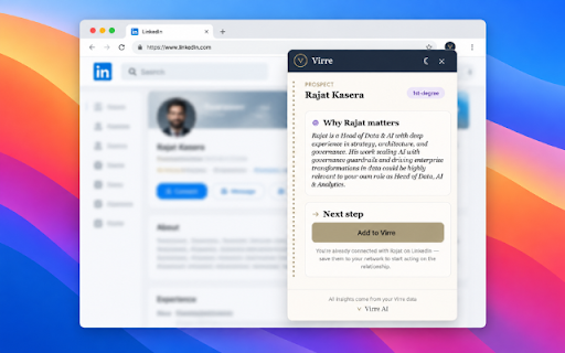 Virre AI :: Virre AI sidebar for LinkedIn — sign in, see if a profile is already a connection, and act on it.