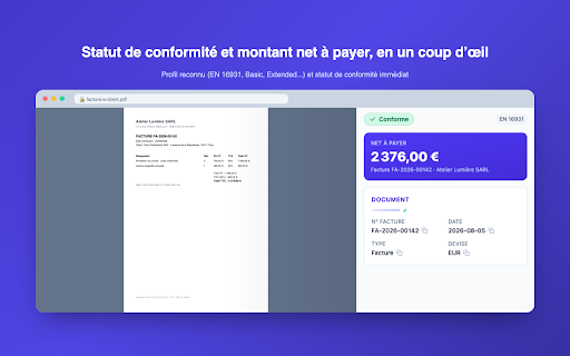 Inspecteur Factur-X :: Inspectez, validez et exportez vos factures électroniques Factur-X, ZUGFeRD et XRechnung directement dans Chrome.