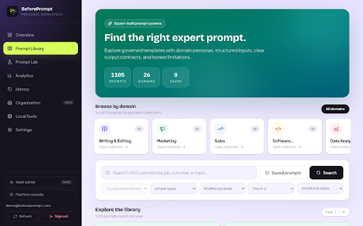 BeforePrompt :: Perfect your prompt before you hit send — BeforePrompt analyses it locally, flags weaknesses, and rewrites it stronger.