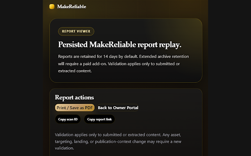 MakeReliable - Ad Preflight Checker :: Scan landing pages and live web copy for risky claims before you publish, with full MakeReliable review available after sign-in.