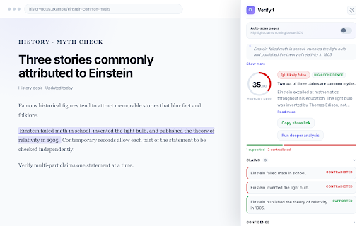 VerifyIt :: Fact-check selected factual claims on webpages using AI-assisted analysis and cited web sources.