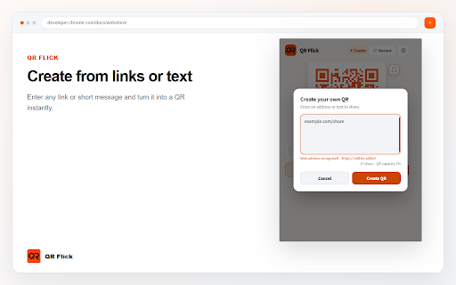 QR Flick — QR Code Generator :: Turn pages, links, text, and image addresses into QR codes instantly and continue on another device.
