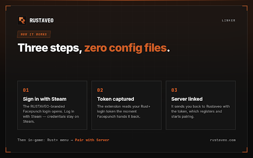RUSTAVEO :: Links your Rust+ account: captures the login token on the Facepunch companion page and returns you to Rustaveo.