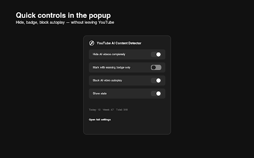 YouTube AI Content Detector :: Spot AI-labeled YouTube videos. Hide them, warn with badges, or block autoplay. Local-only — nothing leaves your browser.