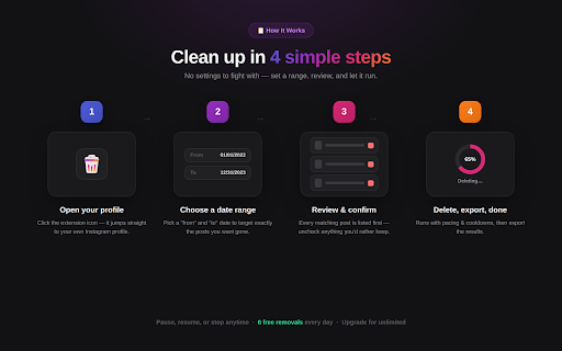 Instagram Post Deleter – Bulk Remove by Date :: Bulk delete your Instagram posts and photos by date range. Fast, safe, one-click. Unofficial, not affiliated with Instagram.