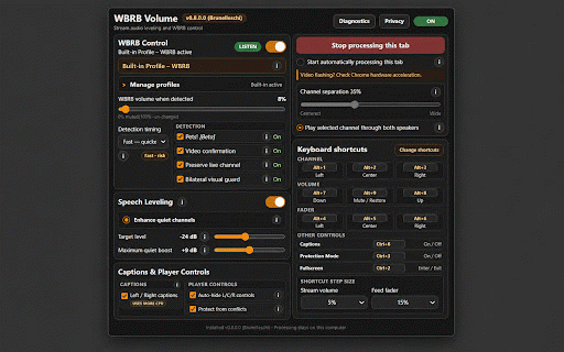 WBRB Volume :: Balances split-stream audio, reduces WBRB breaks, centers live feeds, and adds separate left/right captions.