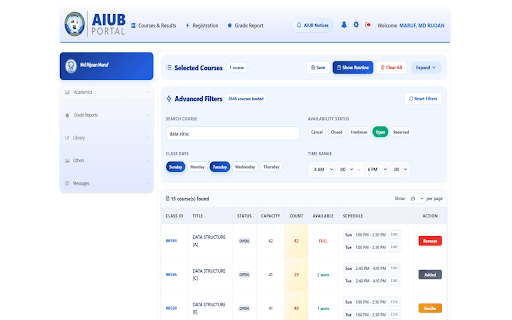 AIUB Portal :: Enhance the AIUB Student Portal with course filters, clash detection, grade analytics, schedule tools, and UI improvements.