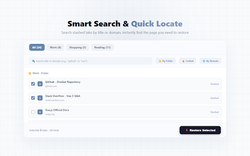 OneGet - Tab Stasher :: Stash open tabs into a clean list, save up to 95% memory. One click, fast restore, search, no clutter.