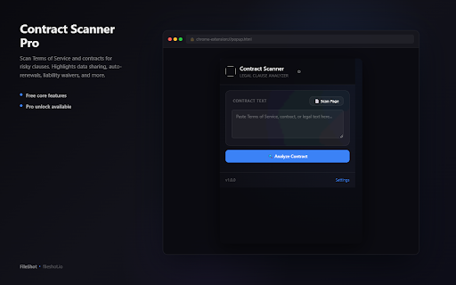 Contract Scanner Pro :: Scan Terms of Service and contracts for risky clauses. Highlights data sharing, auto-renewals, liability waivers, and more.