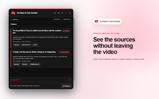 YouTube Lens - AI Fact Checker :: Fact check YouTube videos as you watch with AI transcription, live web evidence, clear verdicts, timestamps, and source links.