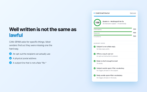 Cold Email Doctor — Spam & Reply Checker :: Score a cold email on spam risk, reply rate, and CAN-SPAM compliance. No servers, no account - it runs in your browser.