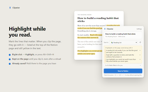 Clipwise — Notion Web Clipper: Save & Clip Articles to Notion :: Save any article or web page to your Notion database in one click. Free, no login, no account — keeps the whole article intact.