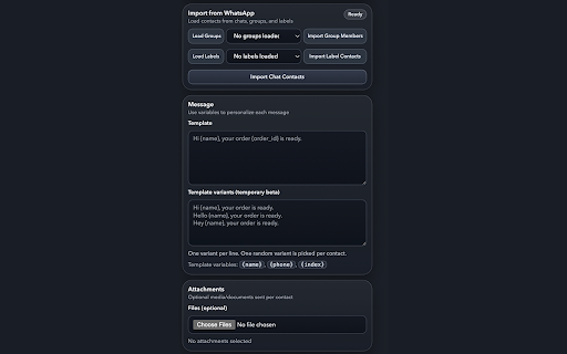 WhatsApp Bulk Sender :: WhatsApp bulk sender with contact import, templates, queue controls, and progress tracking.