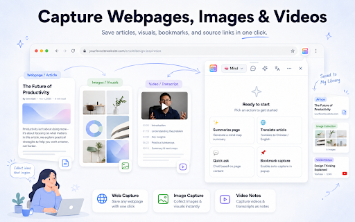 WebToMind - AI 总结、网页采集、视频转文稿与创作助手 :: 面向内容创作者与知识工作者的一站式 AI 浏览器插件,覆盖采集、总结、翻译、对话创作与工作台沉淀。