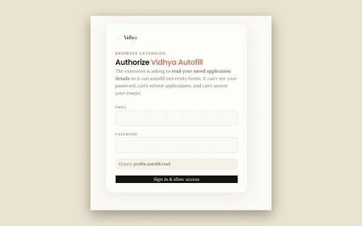 Vidhya Autofill :: Fill university application forms on any portal with your saved Vidhya profile. You review every field — it never submits for you.