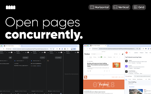 Multitask - Split and display pages together :: Create custom layouts to view multiple websites simultaneously. Save URL presets for instant organization.